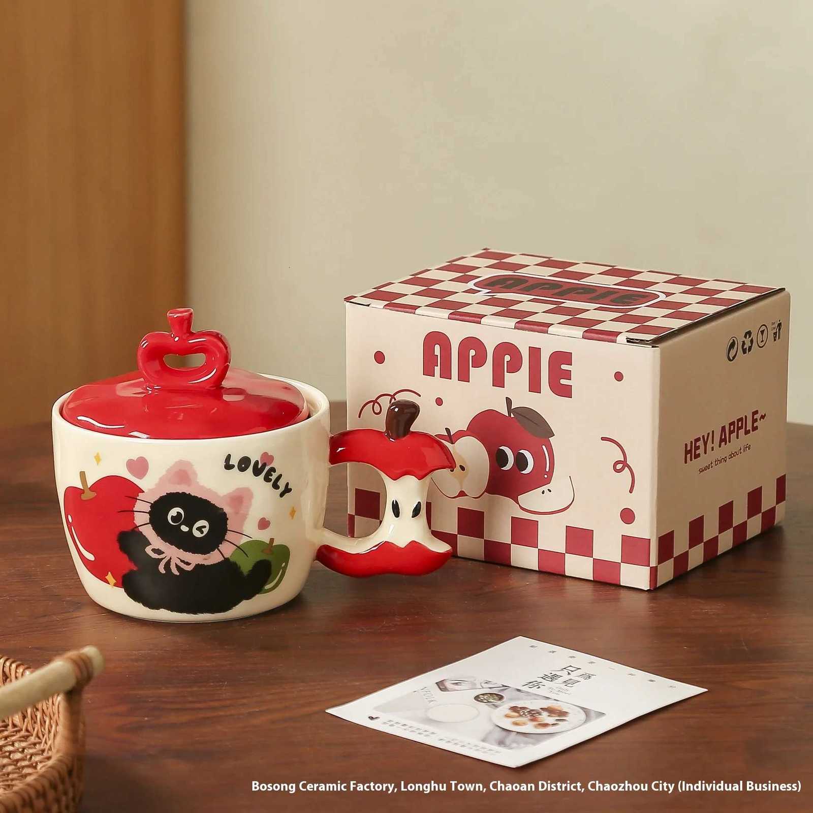 Apple Shape Black Cat Pattern Ceramic Mug with Lid Coffee Milk Teacup with Hand Gift Kitchen Home M251206 - view 7