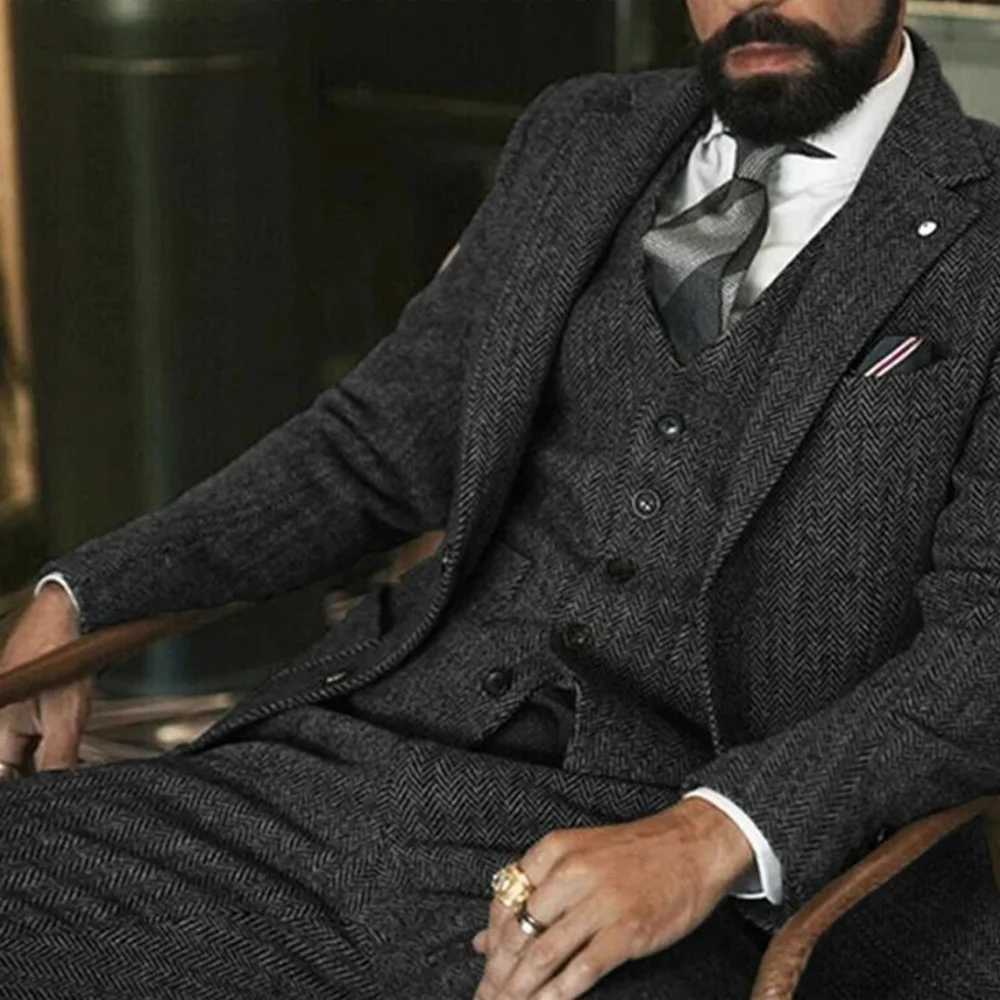Mens Winter Tweed Wool Grey Slim Fit Formal Wedding Terno Fishbone 3 Piece Smoking Suit Male Ternos Ca M260313