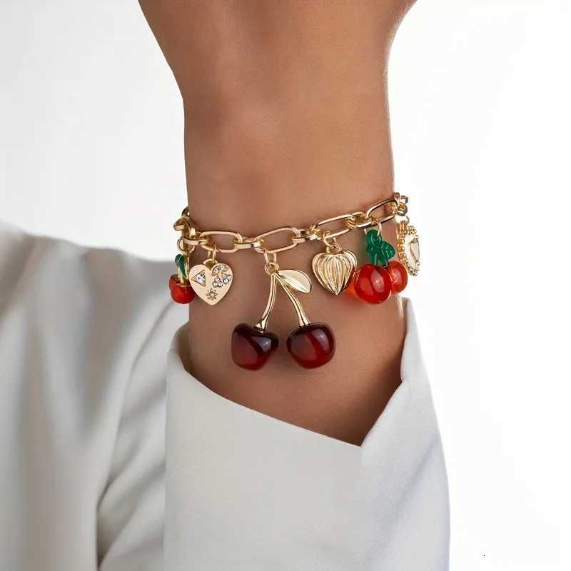 Cute Handmade Bow Heart Cherry Bracelet Golden Color Chunky Chain Fashionable Charm Bangle Jewelry Gifts W251206