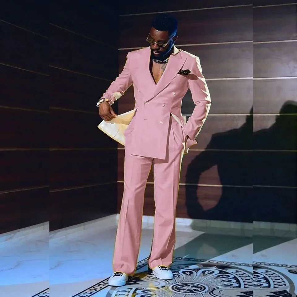 Elegant mens suit Solid color double breasted peAKed lapel 2-piece jaCKet pants full custom dress M260313