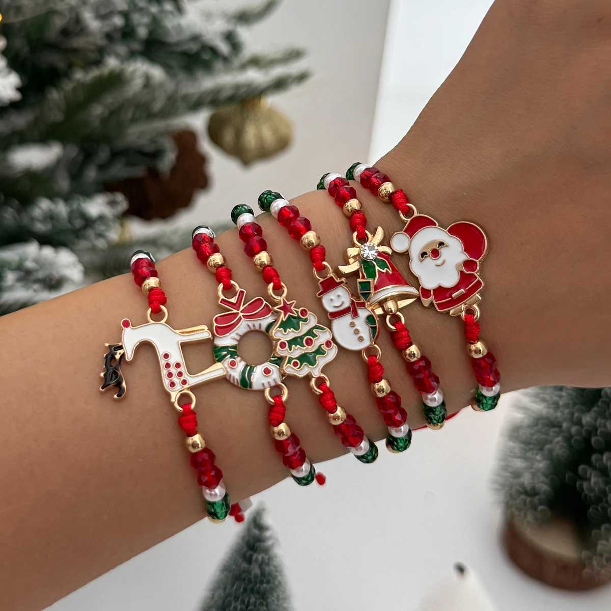 SHIXIN 6Pcs/Set Santa Claus Snowflake Christmas Tree Pendant Bracelet Women Cute Adjustable Rope Chain Crystal Beaded Bracelet W251206