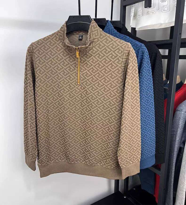 High End Brand Fashion Jacquard Long Sleeve T-Shirt Men's Casual Sweater Autumn Trend Korean Style Half Zipper Collar Pullover
