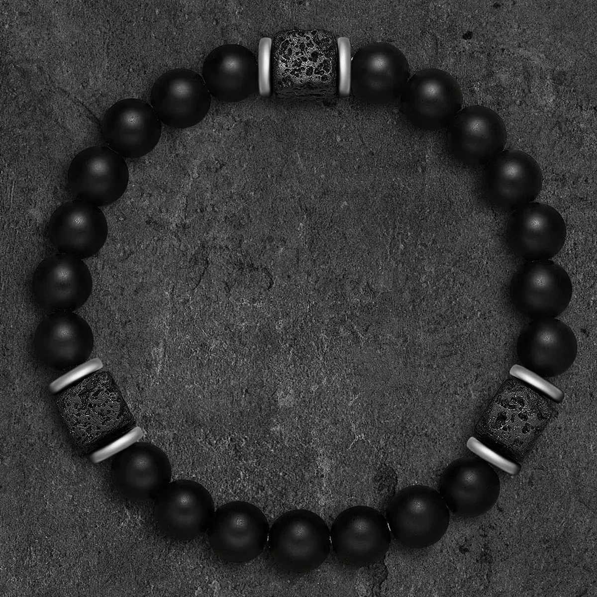 Black Onyx Lava Bracelet - Matte Cube Gemstone Stretch Band for Men/Women Yoga Balance Energy Healing Jewelry Grounding W251206