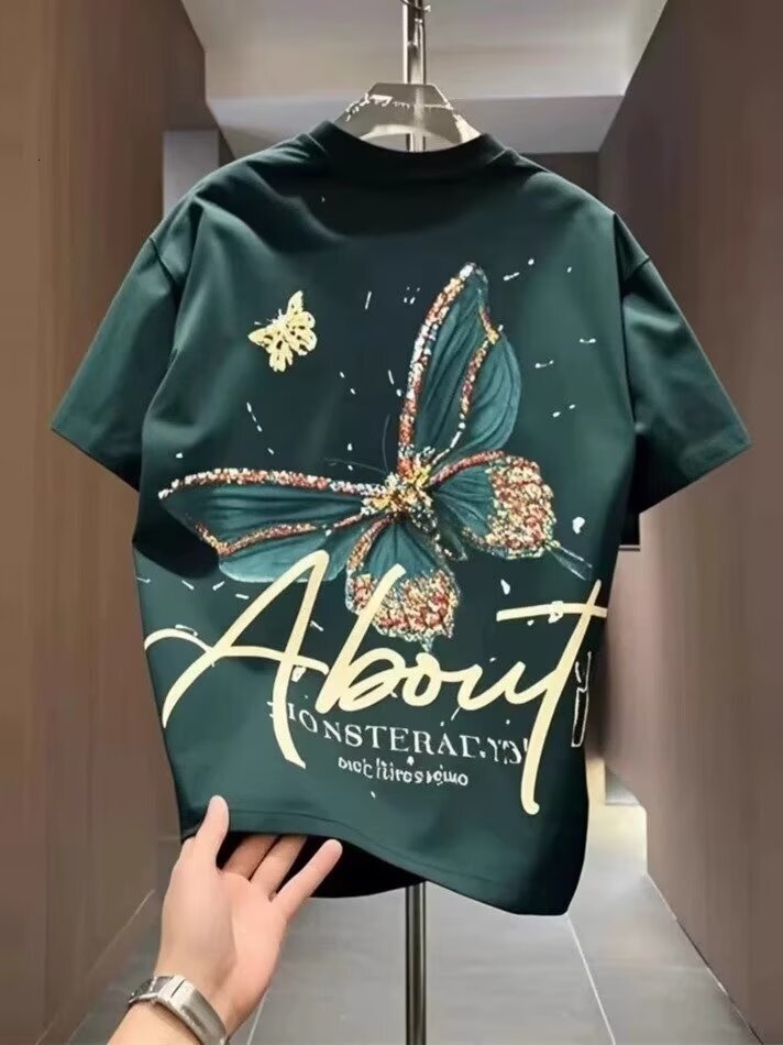 Designer Luxury Clothing American Style Loose T-shirt Short Sleeve Men Ins Trendy Brand Personalized Print Butterfly Pattern Casual Round Neck Cool Ba