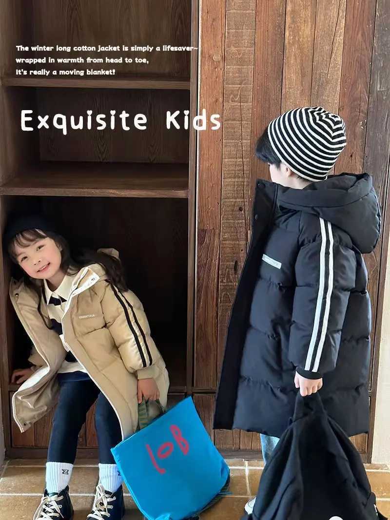 Winter Children Thicken Down jacket Baby Boys Girls Solid Color Long Outerwear Over Knee Coat Kids Hooded Casual Coat PaddingW251206