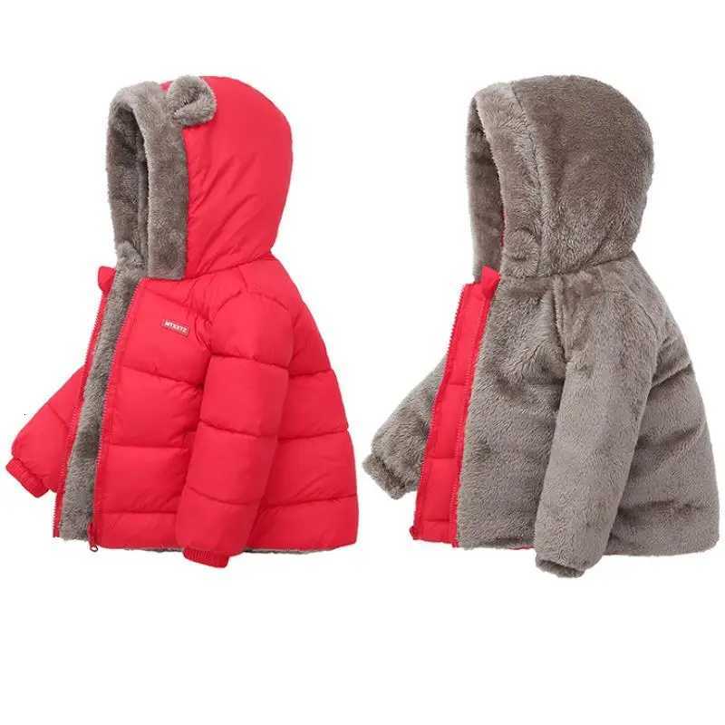 Childrens winter coat boys plush thick down jacket girls warm zipper rabbit ear hooded jacket solid color casual ovrcoatW251206