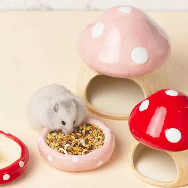 Cute Ceramic Mushroom Hamster Nest Small Pet Hideout Water Bottle Food Bowl Golden Bear Ferret Rat Furniture Sleephouse M251206