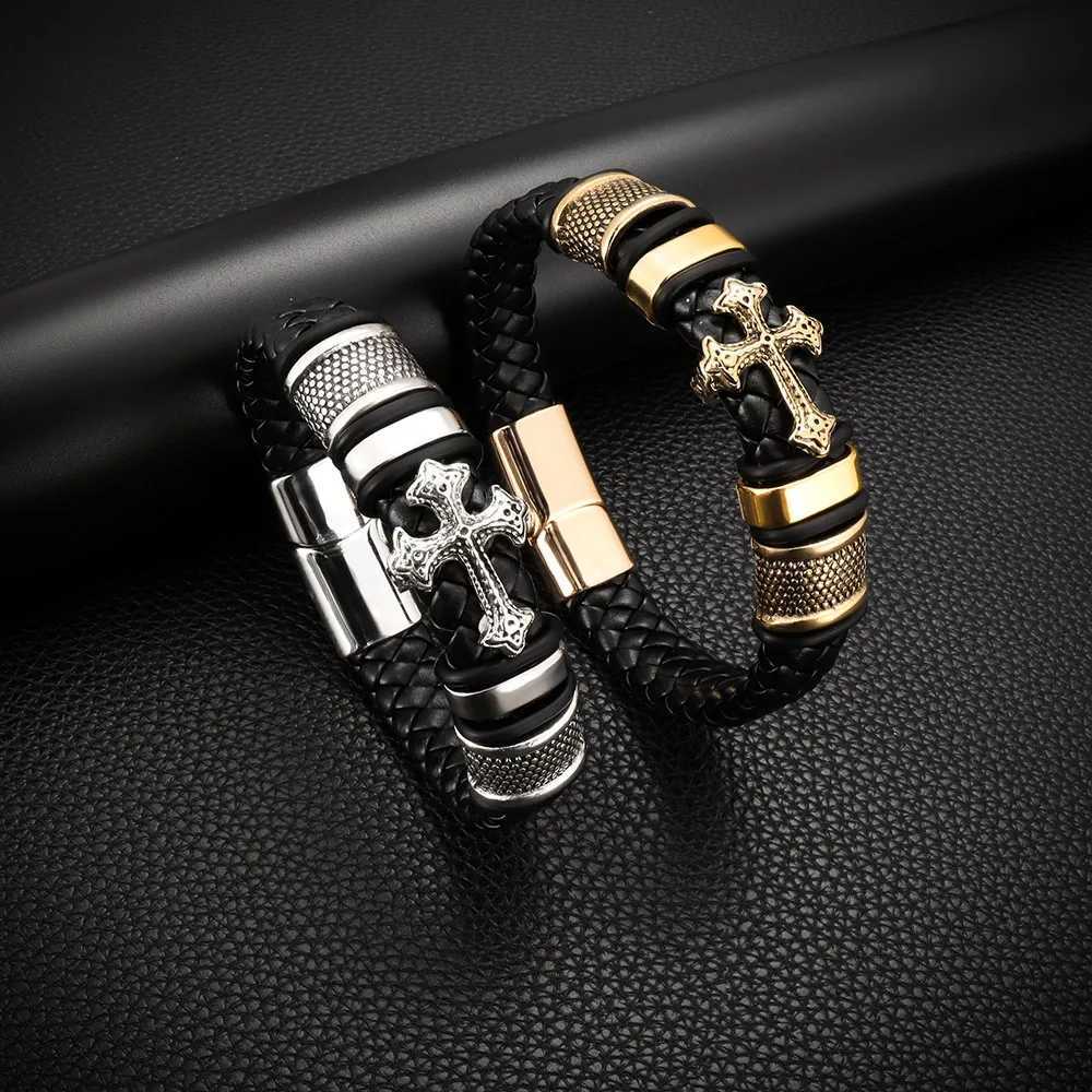 Fashion Stainless Steel Cross Bangles with Charms Chakra Men Classic Punk Leather Bracelet Male Braided Multilayer Bracelet W251206
