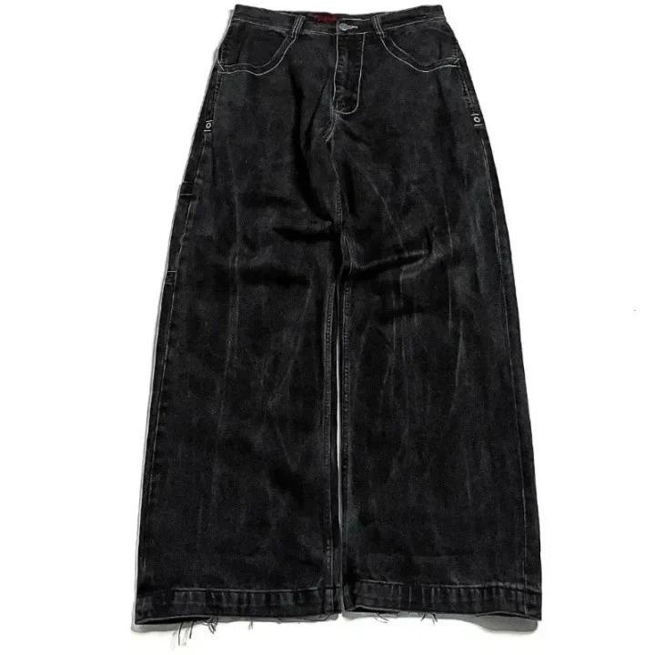 Men Women Retro Gothic High Waist Jeans Y2k Baggy Black Harajuku Hip Hop Pattern Embroidered Blue Denim Pants Wide Leg Jeans 251204