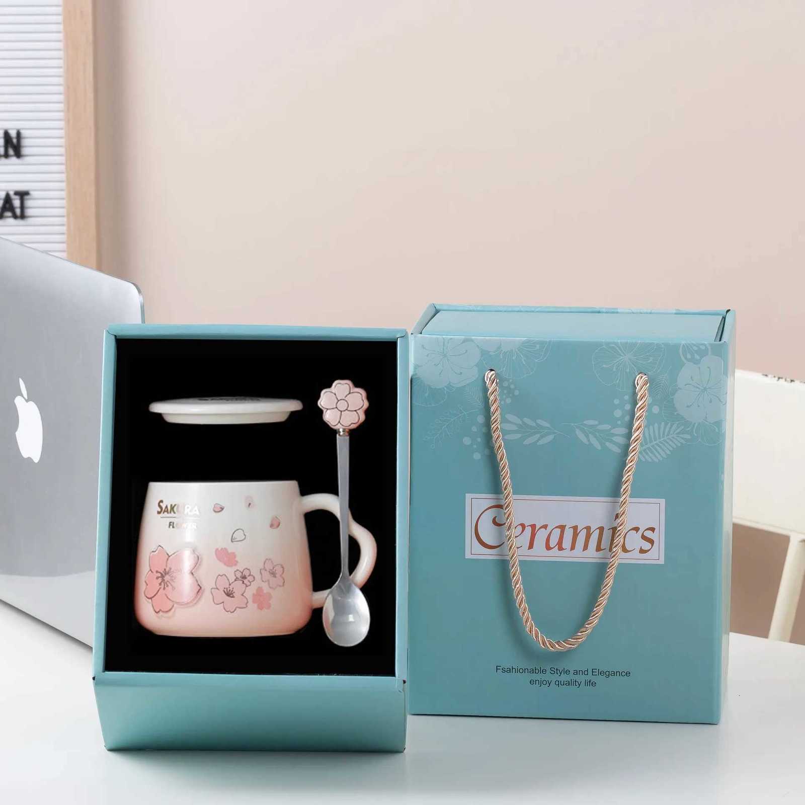 Japanese Pink Cherry Blossom Ceramic Mugs Coffee Cups Milk Breakfast Mug with Lid Spoon Water Cup Office Tea Cup M251206 - view 7