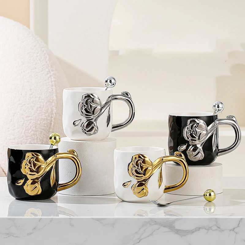 Electroplated Gold Coffee Mug Ceramic Breakfast Milk Mug Large Capacity Embossed Three-dimensional Rose Ornament Water Cup Gift M251206 - view 4