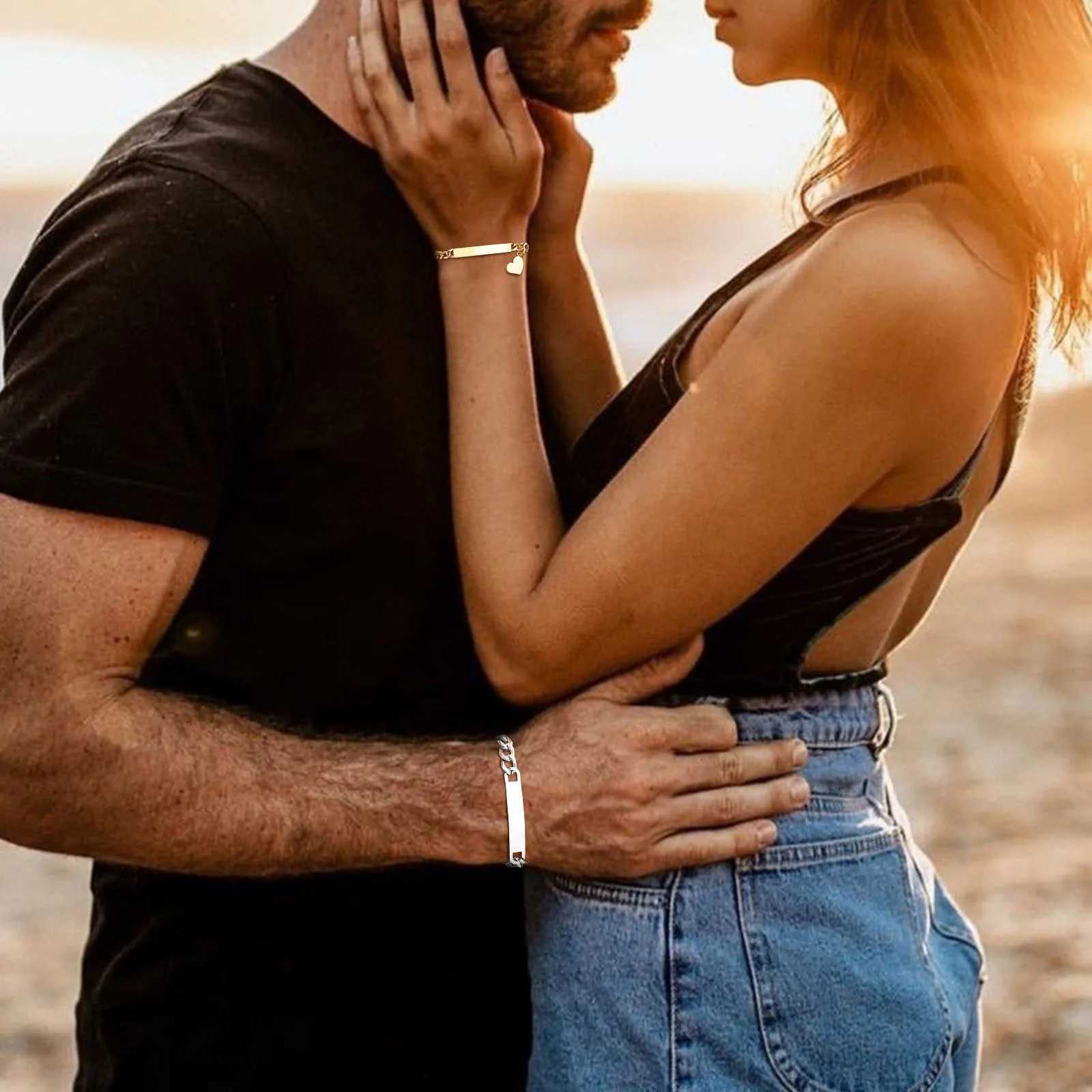 Vnox Custom Valentines Day Gift Jewelry for Couples Love Promise Bracelets for Women Men Heart Charm Figaro Chain Bracelets W251206