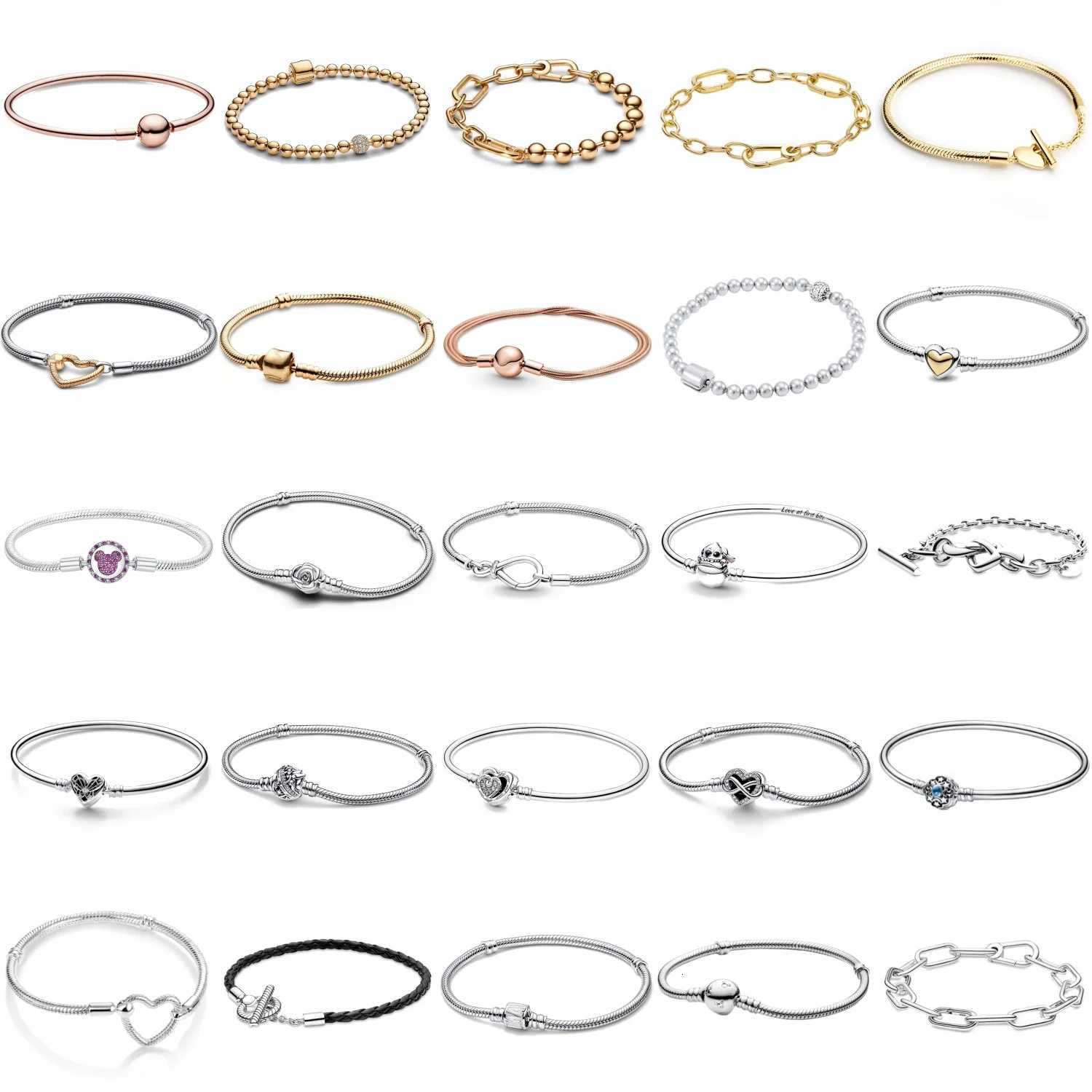 New 925Silver original 17-21CM Pearl Heart-Shaped Hard Ring Square Buckle Round Bracelet Fit for DIY Mini Birthday Jewelry Gifts W251206