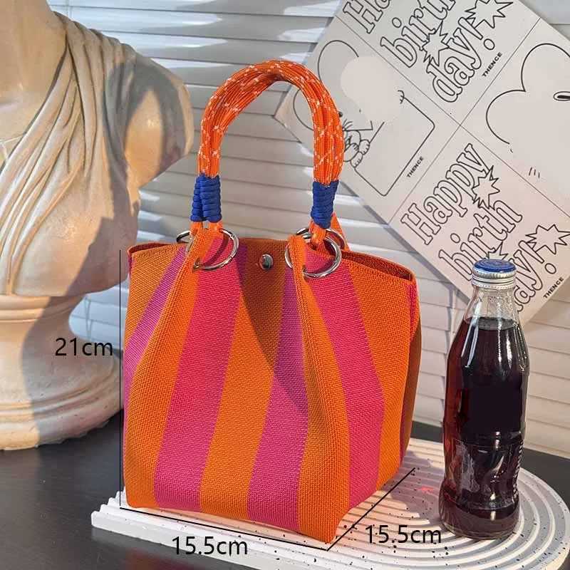 Colorful Stripe Handbag Large Capacity Bucket Rope Knot Spring Autumn Travel Versatile Soft Polyester Lining Mobile Phone BagT251206