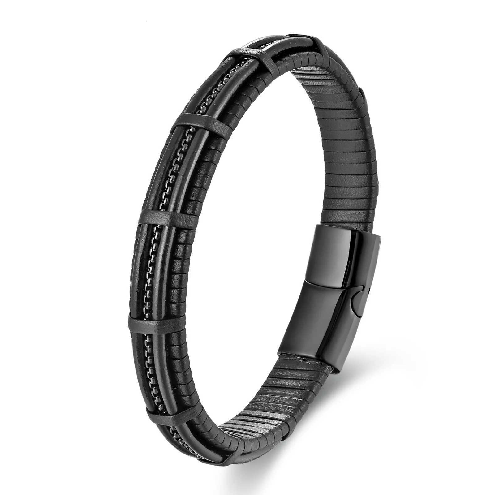 Stainless Steel Genuine Leather Bracelet Simple Mens Fashion Bracelet Original Magnet Bracelet Gift Accessory Fathers Day W251206