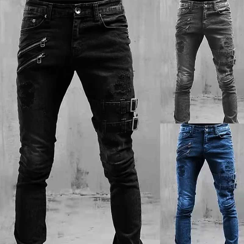 Mens Retro Moto Biker Straight Elastic Jeans Zipper Distress Hole Punk Skinny Denim Cargo Pants Streetwear Y2K Hombre Trousers W251206