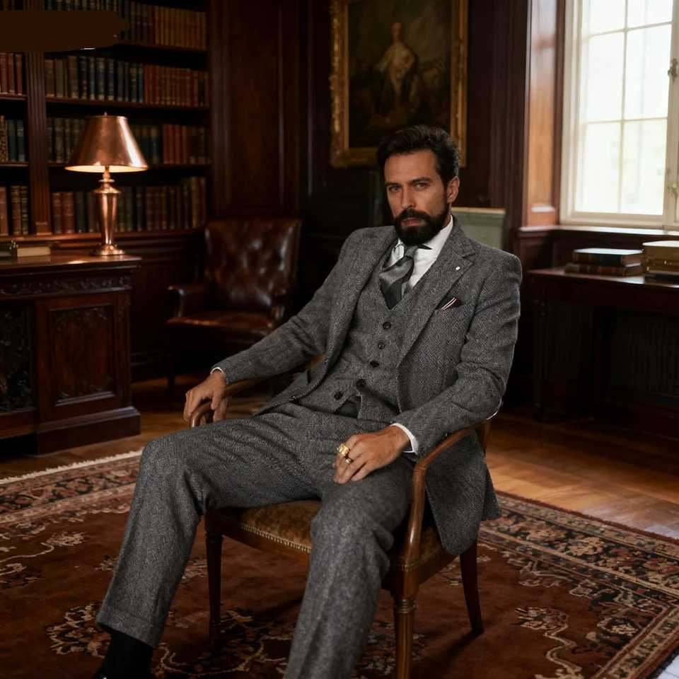 Mens Winter Tweed Wool Grey Slim Fit Formal Wedding Terno Fishbone 3 Piece Smoking Suit Male Ternos Ca G251206