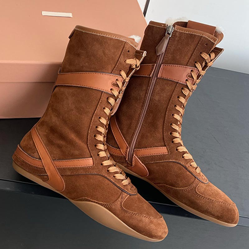 Womens Suede Shearling Mid Calf Boot designer women Martin boots suede leather upper wool lining rubber sole winter new retro luxury lady casual wool boots