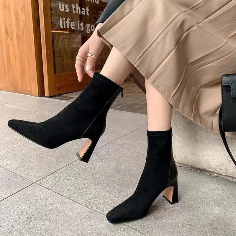 Square Toe Thick Heel Womens Korean Fashion Short-tube High-heeled Suede Socks Boots Elastic Slim Boots 251204