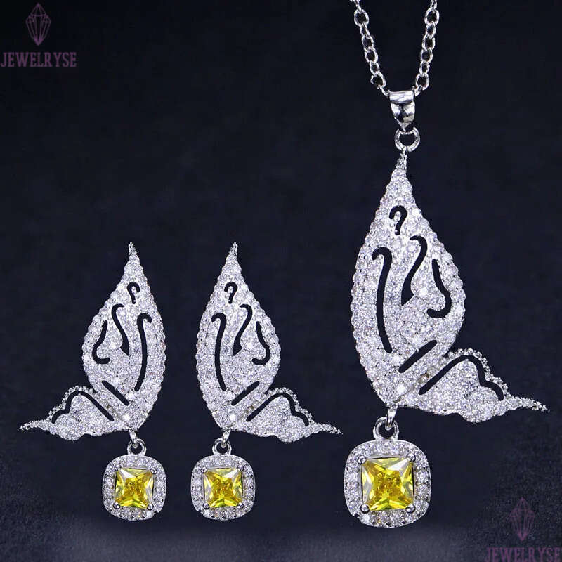 2pcs/set Fashion Wedding Designer Jewelry Set Woman Diamond Butterfly Necklace Earrings Yellow Blue AAA Cubic Zirconia Earring Necklaces forBridesmaid