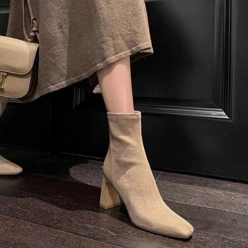 Square Toe Thick Heel Womens Korean Fashion Short-tube High-heeled Suede Socks Boots Elastic Slim Boots 251204