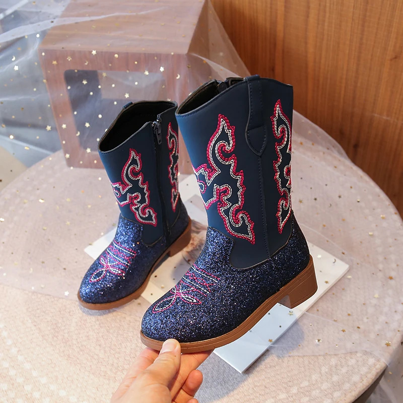 Girls Boots Toddler Snow Gear Mid Calf Glitter Western Cowboy Boot Autumn Big Kid Riding Girls Boots Size 27-37 Kids Shoes 251204