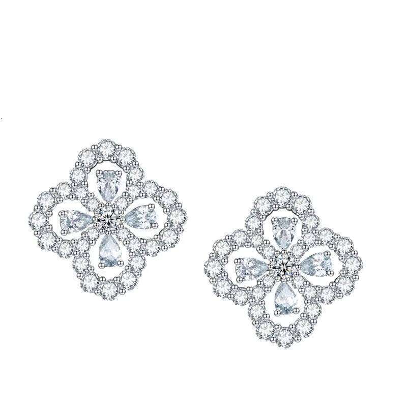 VVS Moissanite Deshan Ye Cao Design VVS1 Earrings, Three-leaf Clover 925 Silver Pear Cut Silicon Stone Earrings