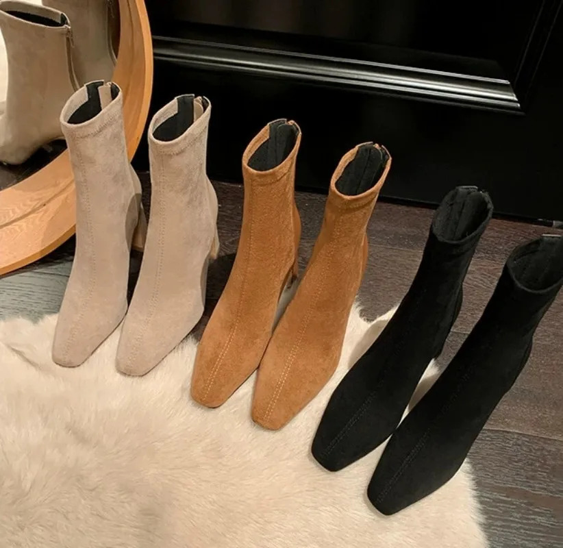 Square Toe Thick Heel Womens Korean Fashion Short-tube High-heeled Suede Socks Boots Elastic Slim Boots 251204