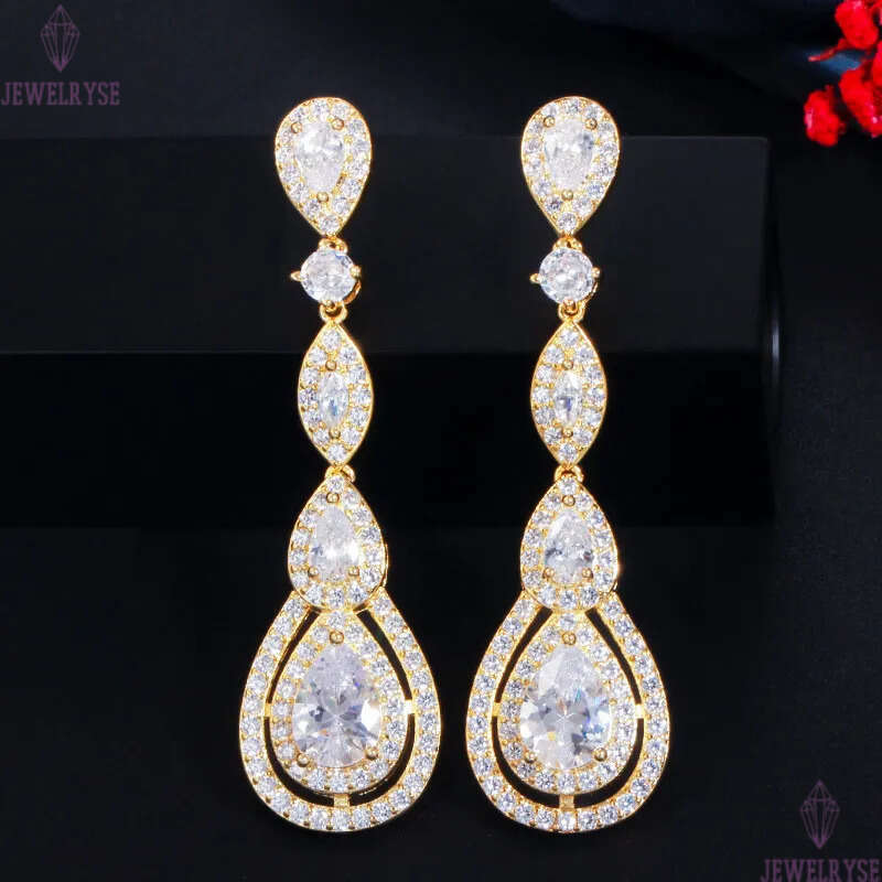 Top Grade Long Dangle designer earring 18 Water Drop Flowers White Green AAA Cubic Zirconia Copper 18k Gold Silver Earrings jewelry For Women Bride We