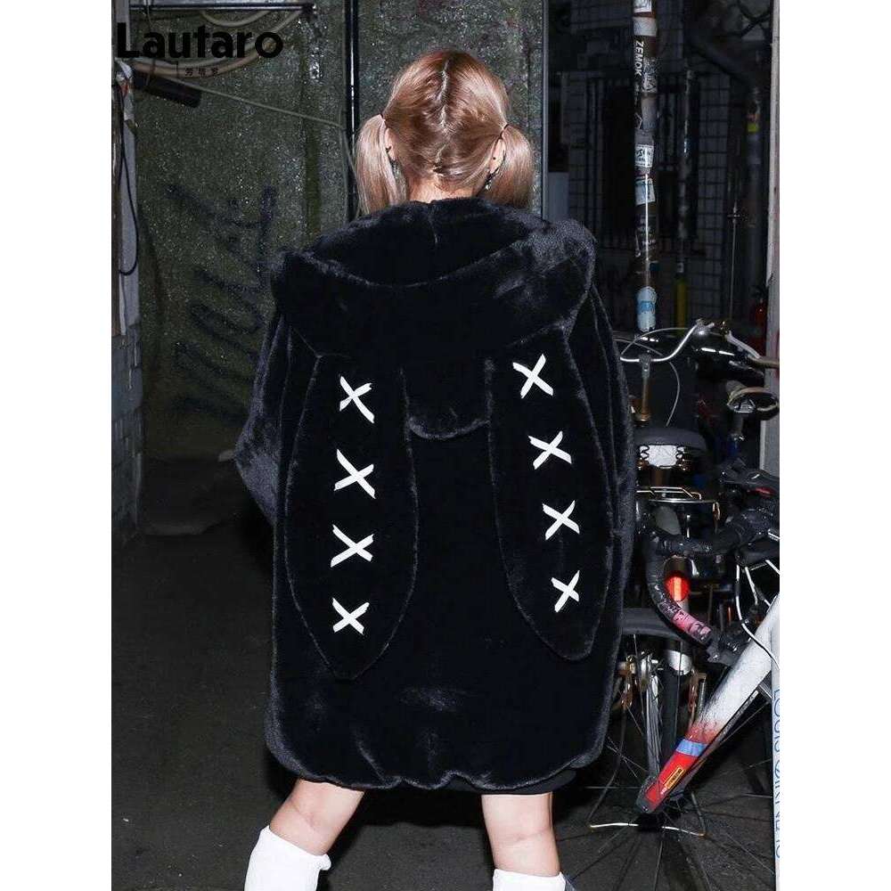 Lautaro Autumn Oversized Sweet Cute Soft Purple Black Faux Fur Coat Women With Bunny Ears Kawaii Loose Fluffy Jacket Hoodie 2023