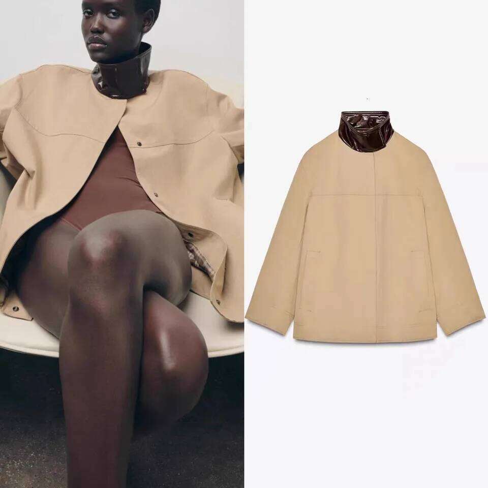 Fashion 2026 Spring Women's Loose Fit Stand Collar Patchwork Plaid Jaet Outerwear Versatile Long Sve Button Closure Coat