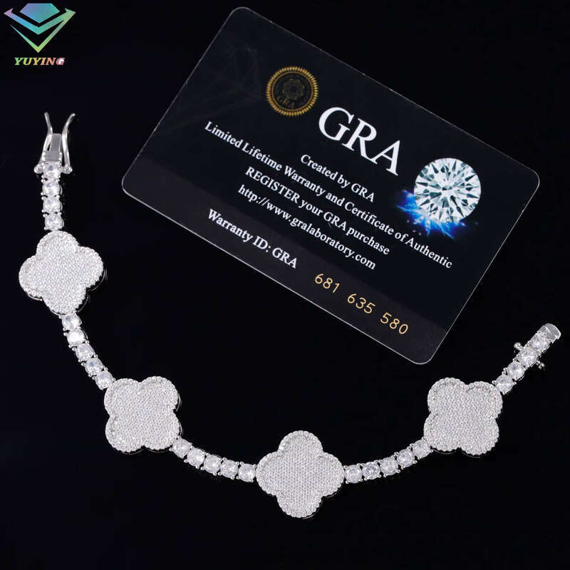 Sterling Silver Men's and Women's Bracelet VVS Silicon Stone VVS Moissanite Inlaid Lucky Four-leaf Clover Gift Charm Style