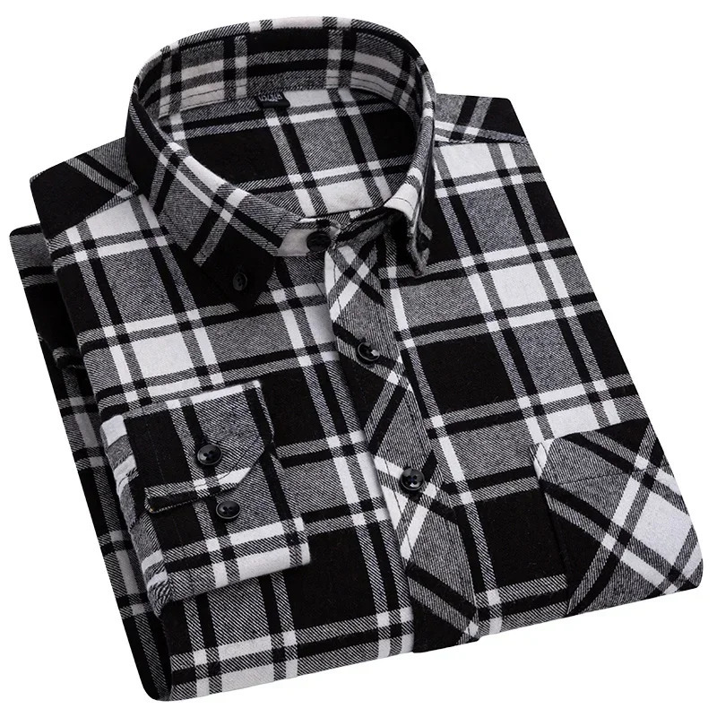 Casual Standard-Fit Thick Flannel Shirt Plaid Shirts For Men Long Sleeve Pure Cotton Fashion Single Patch Pocket Young 251205