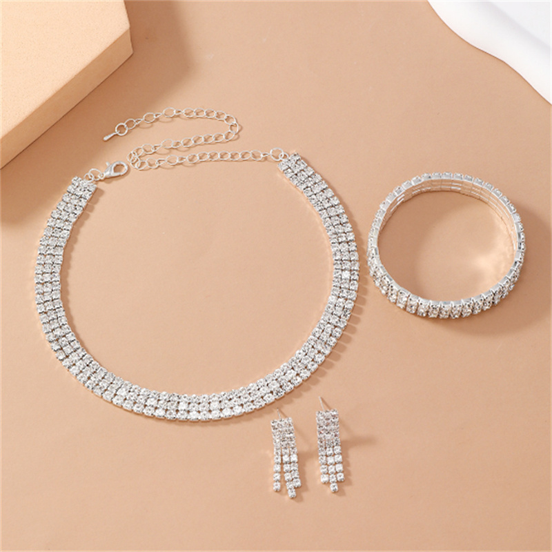 Silver Necklace Earrings Bracelet Crystal Bridal Wedding Jewelry Sets for Brides Bridesmaid Prom Costume Accessories Z260313