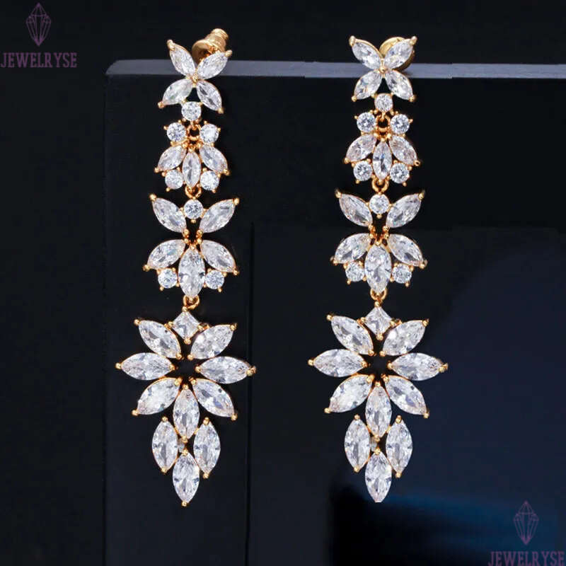 Top Grade Long Dangle designer earring 18 Water Drop Flowers White Green AAA Cubic Zirconia Copper 18k Gold Silver Earrings jewelry For Women Bride We
