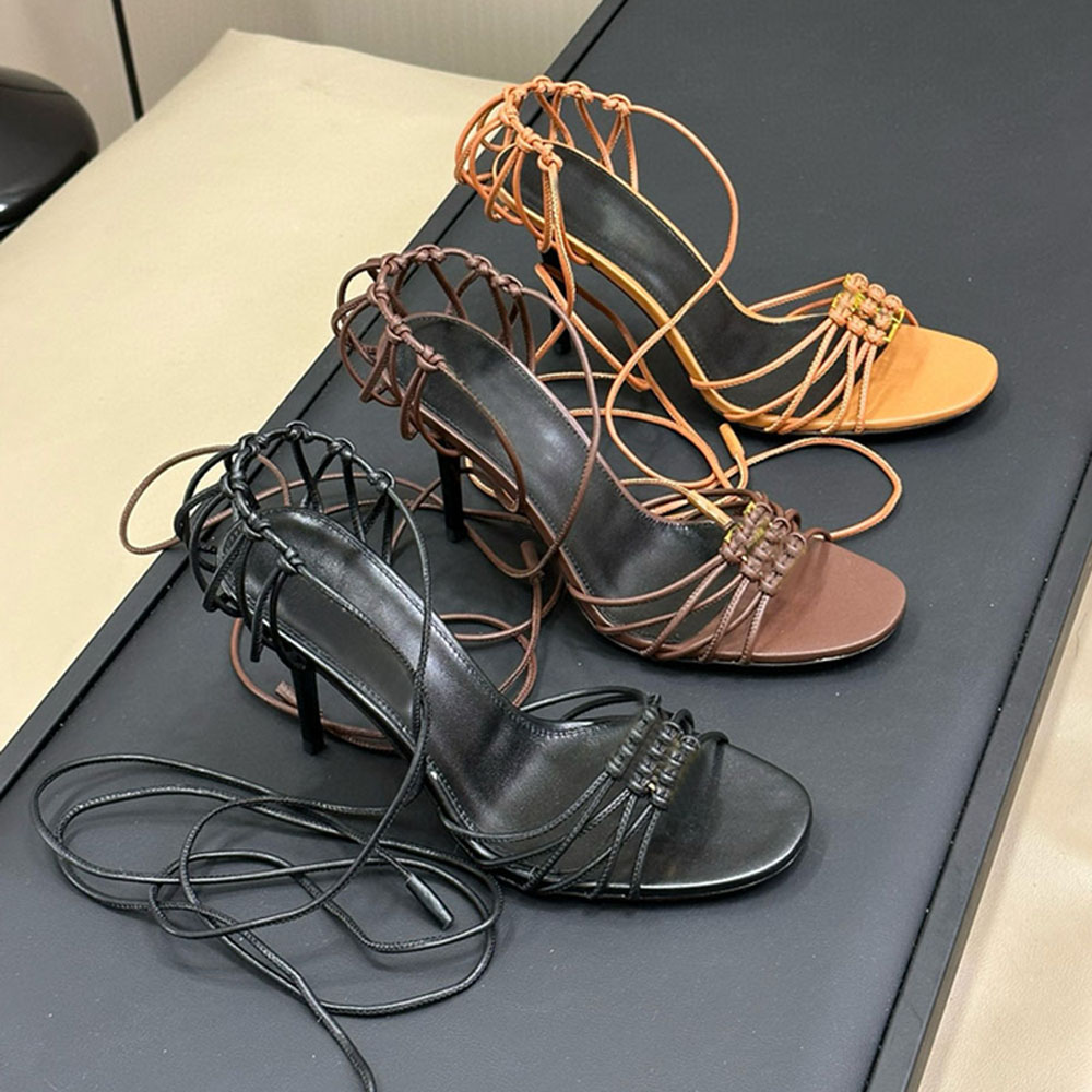 Designer women open toe Ankle Strap Stiletto Heel Sandals Round-toe Lace-Up Leather sole high heels 10.5cm evening party shoes factory footwear 35-42 Bring box