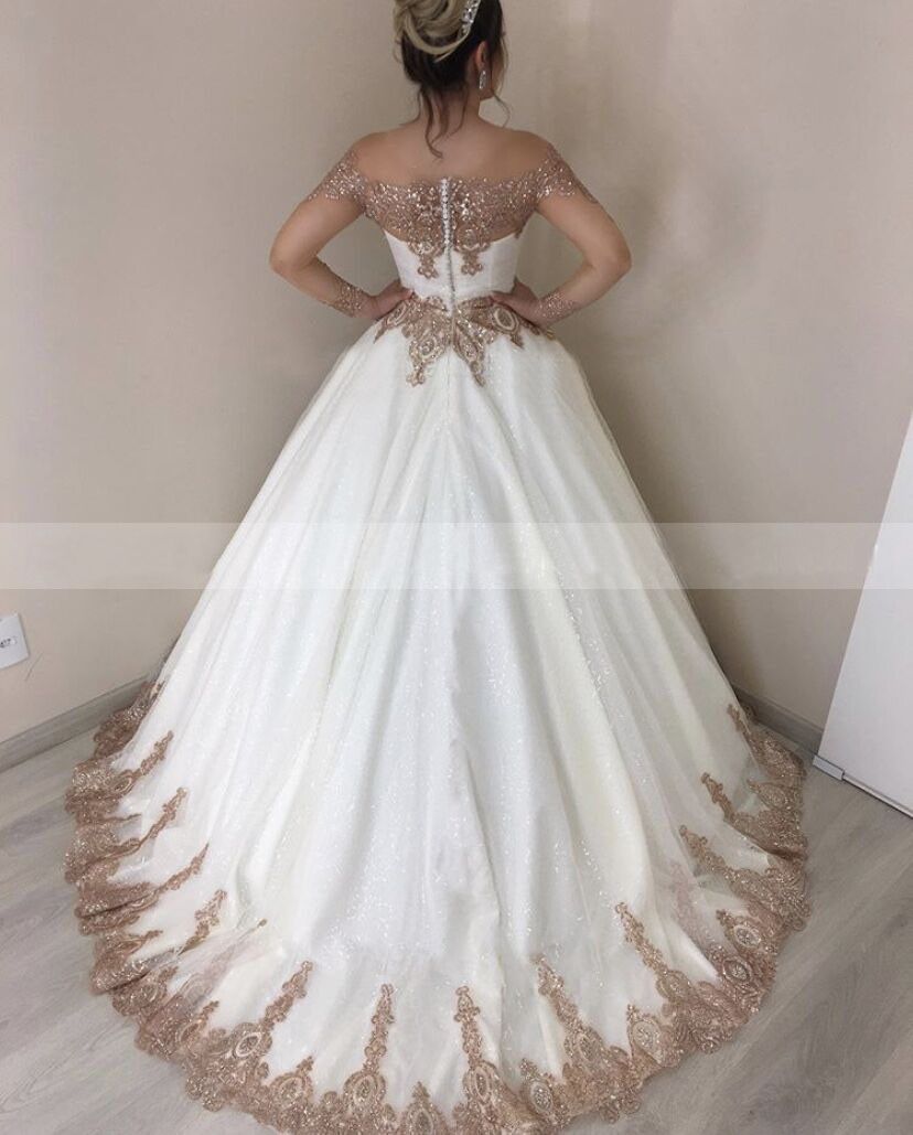 Princess White Wedding With Rose Gold Appliques Vintage Transparent Long Sleeves Bridal Dress Ball Gown Robe Mariage Dresses D07 D0306