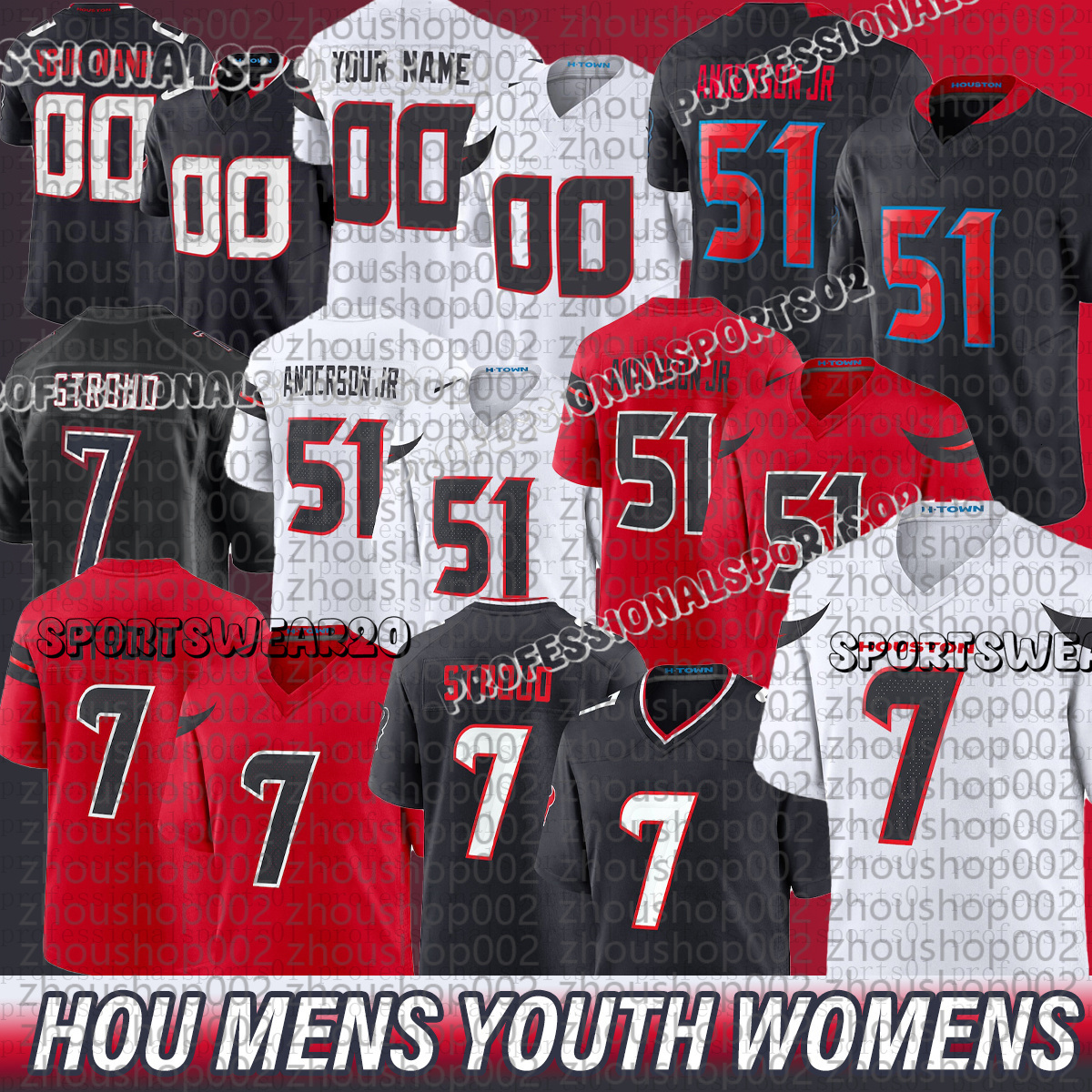 Houstons city Texan jersey Stefon Diggs 7 CJ Stroud Will Anderson Jr Tank Dell Danielle Hunter Joe Mixon Cade Stover JJ Watt Football Jerseys