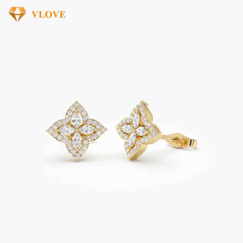14k Petal Halo Stud Natural VVS Moissanite Women Flower Earrings