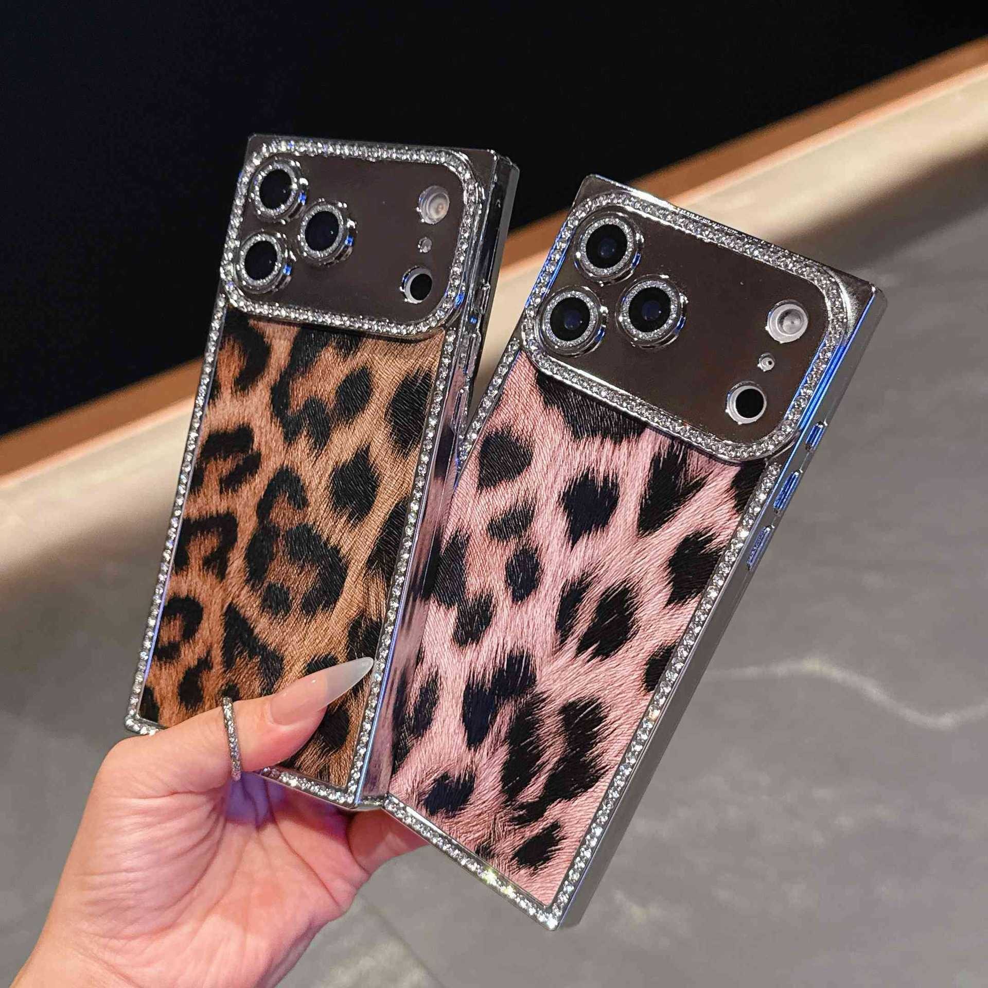 Electroplated Rhinestone Leopard Pattern Case for iPhone 17 Apple 16 Max Square 15 Pro High-end Feel