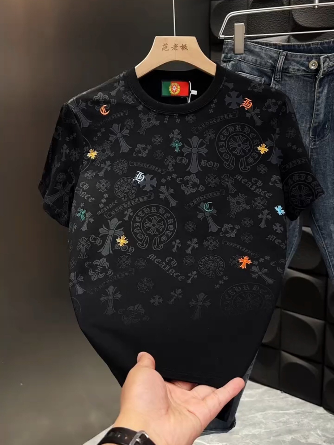 Designer Luxury Top 2025 Summer New Trendy Brand Heavy Embroidery Full Print Round Neck Short Sleeve T-shirt Men Slim Fit Versatile Light Luxury Base 