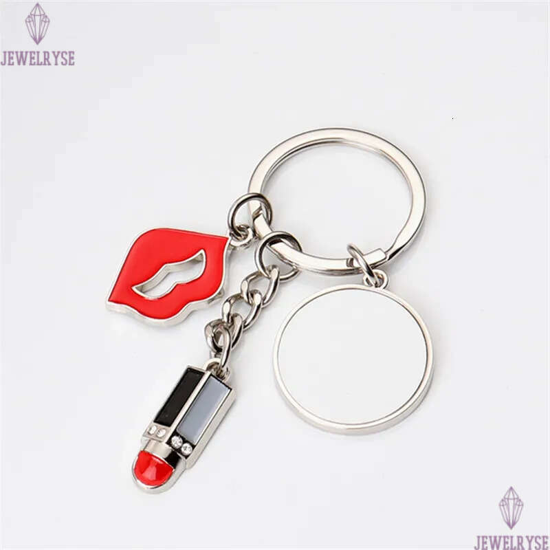Sublimation Blank DIY Heart Round Red Lip Lipstick Alloy Silver Plated Pendants Designer Jewelry Lover Keychains Key Rings For Family Gift