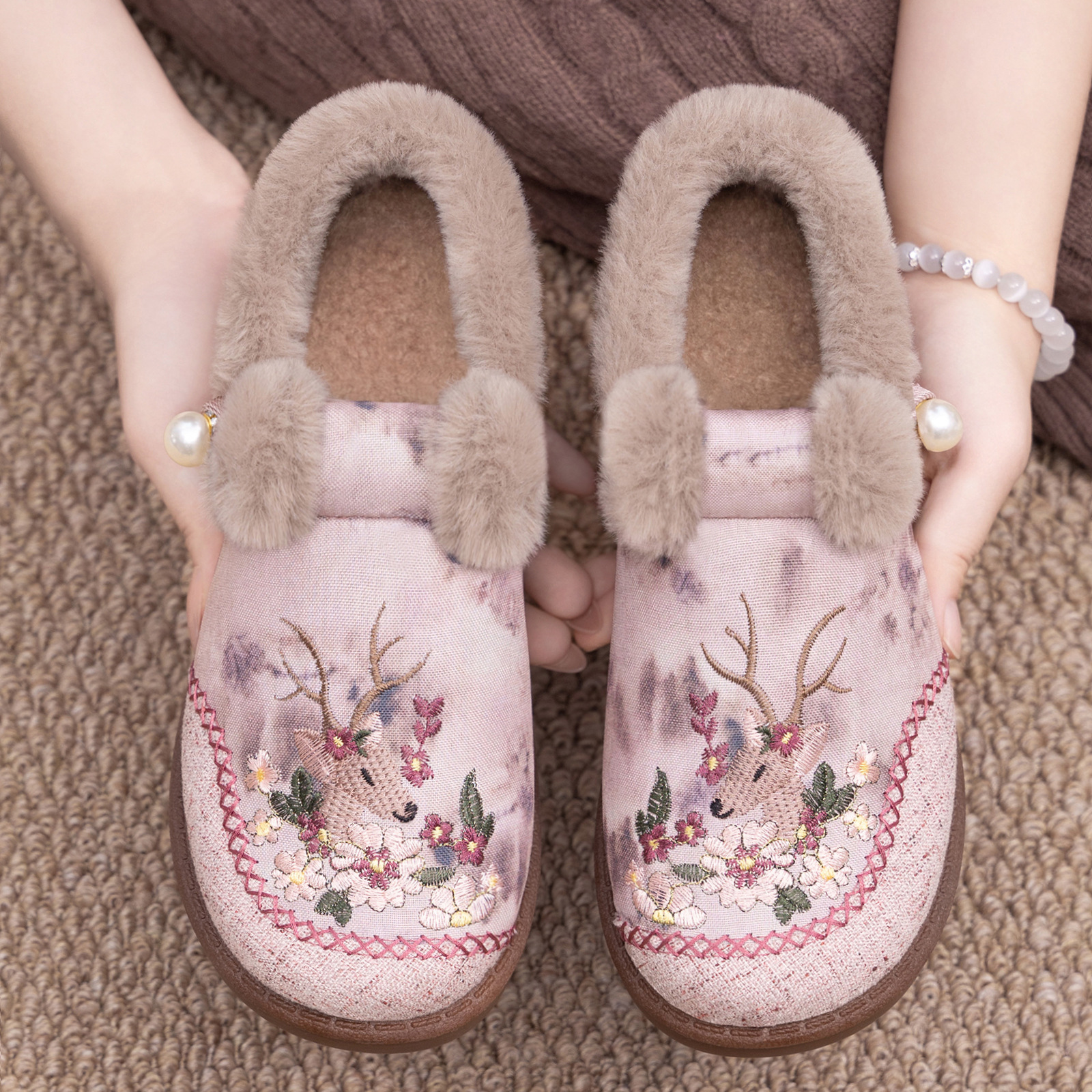 Women's Winter Cotton Shoes with Fleece Lining, Thickened Old Beijing Cloth Shoes, National Style Deer and Flower Cotton Boots, Widened Thick Sol