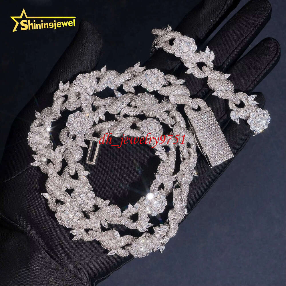 Luxury 15mm Flower Cuban 925 Sterling Silver Hip Hop Jewelry Iced Out Moissanite Infinity Link Chain