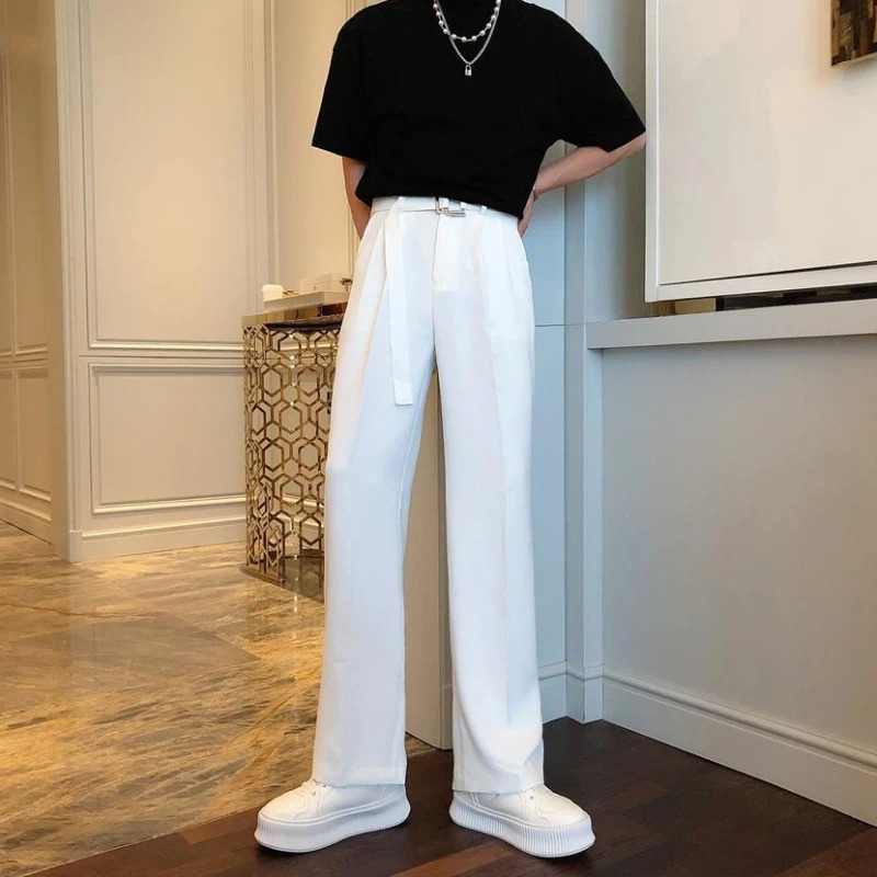 White Trousers For Men Baggy With Belt Wide Leg Elegant Spring Clothes Man Suits Pants Clothing Promotion Fabric Summer 2025 251204