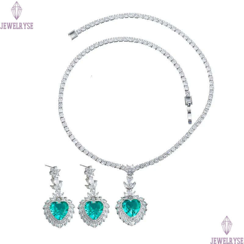 Sparkling wedding designer set heart tennis necklace earring african jewelry sets Blue Green AAA Zirconia Woman Diamond Earrings Necklaces Dinner Part