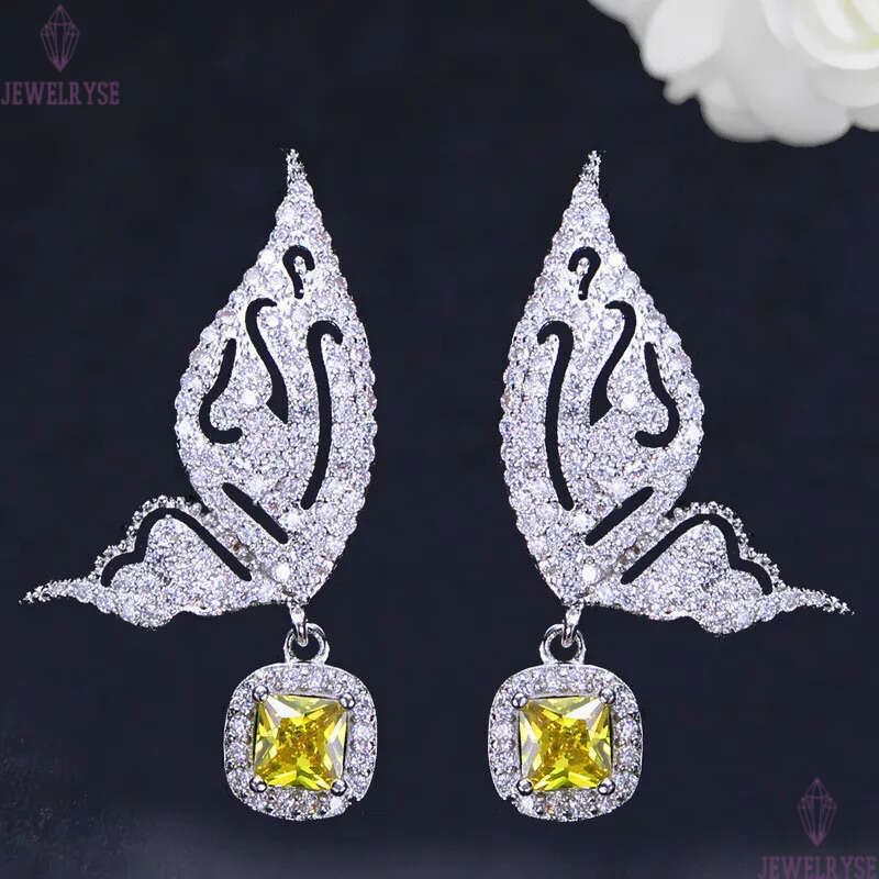 2pcs/set Fashion Wedding Designer Jewelry Set Woman Diamond Butterfly Necklace Earrings Yellow Blue AAA Cubic Zirconia Earring Necklaces forBridesmaid