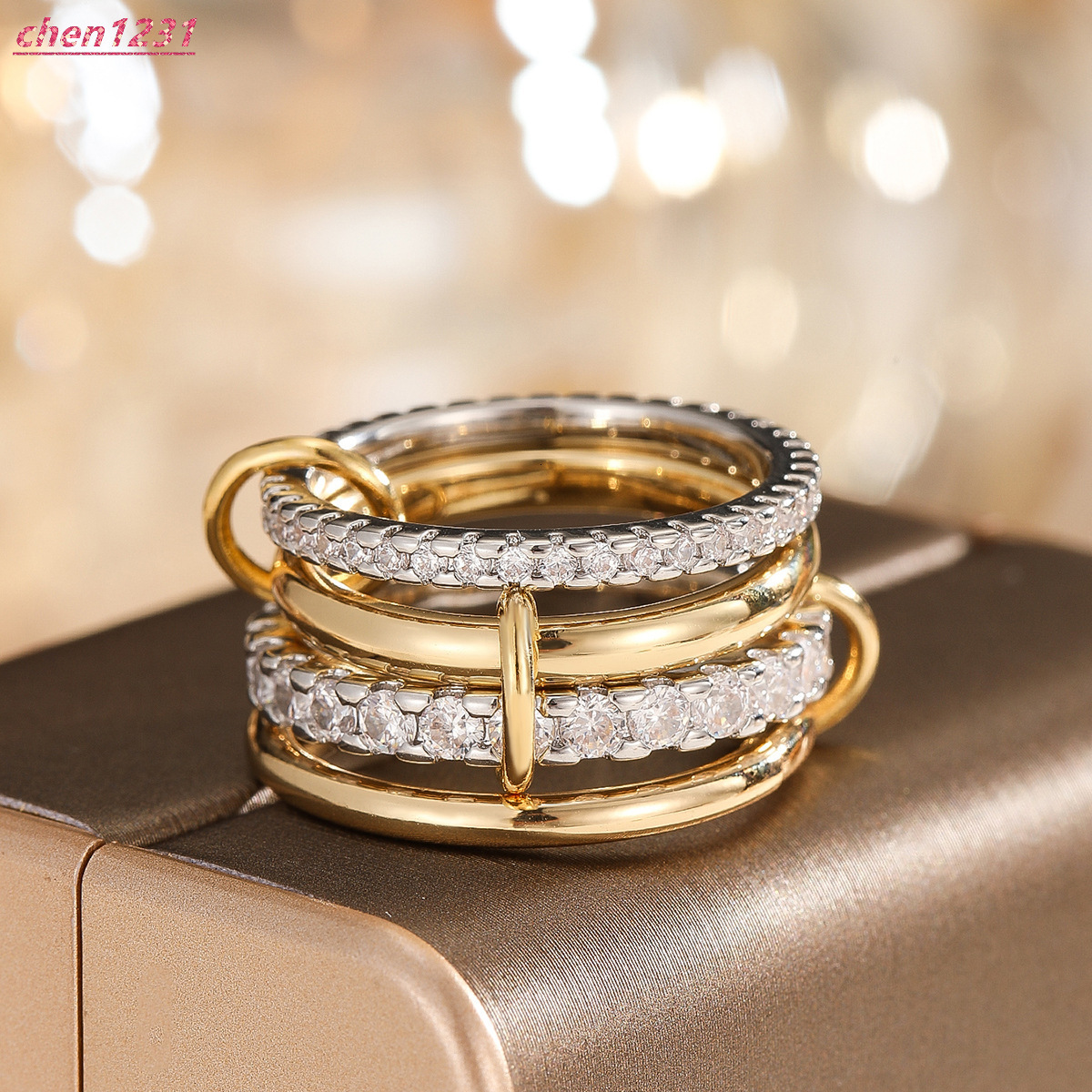 Spinelly Kilcullen ring; two-tone design; diamond four-piece set; stackable rings; ladies' gift.