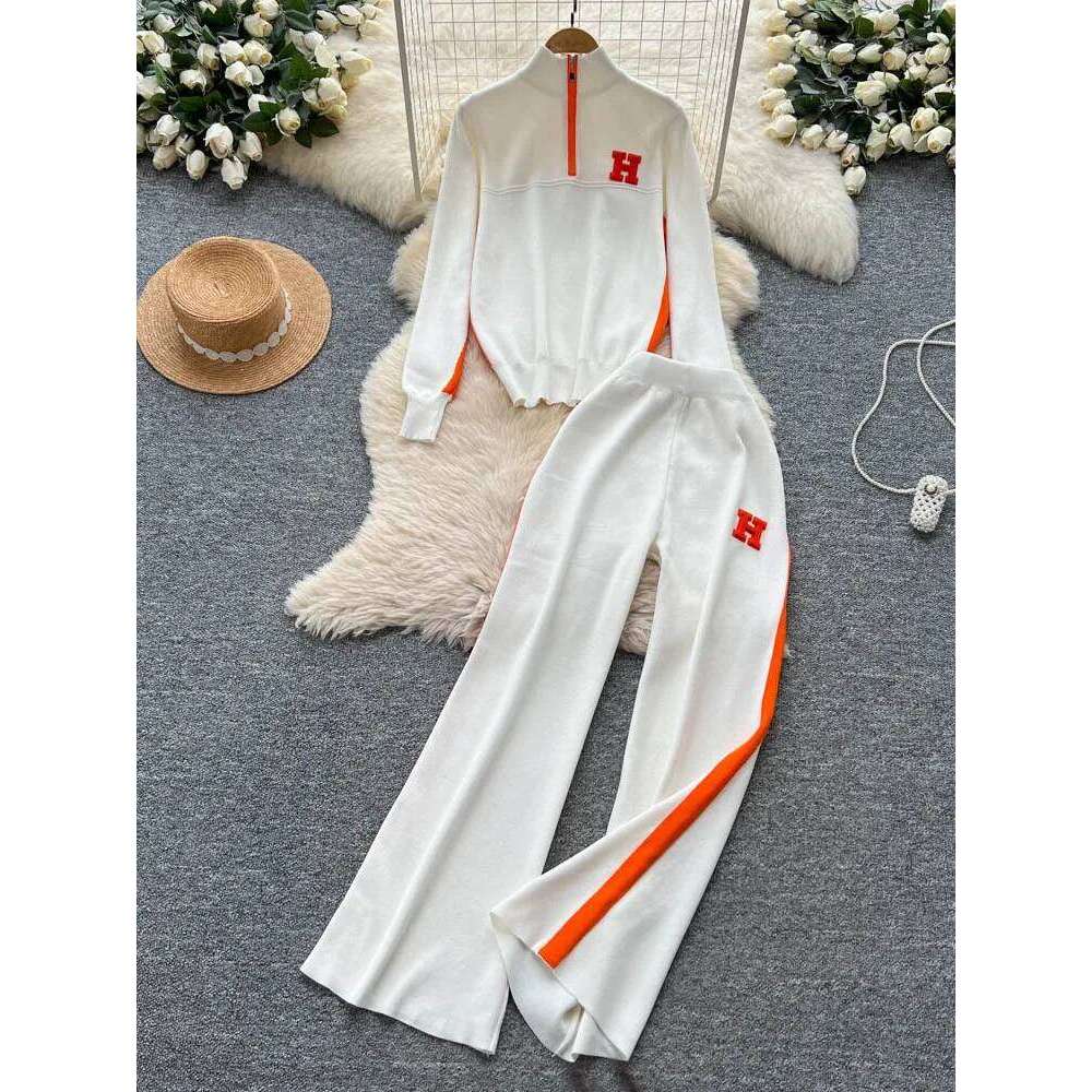 Spor Casual Outfit Women's Autumn Design Contrast Color Letter Embroidery Stand Collar F Zip Knitted Top Wide Leg Pants