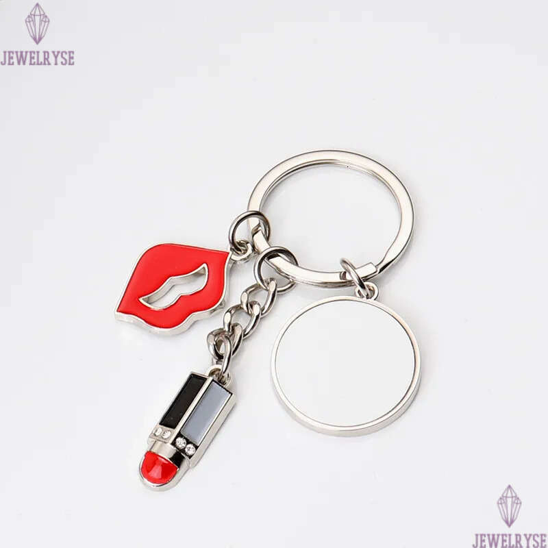 Sublimation Blank DIY Heart Round Red Lip Lipstick Alloy Silver Plated Pendants Designer Jewelry Lover Keychains Key Rings For Family Gift